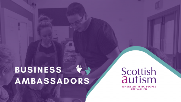 Scottish Autism logo, Business Ambassadors, two people serving in a cafe