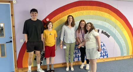 Pupils Kyran, Jay and Ava standing beside the New Struan 'Rights Respecting Schools Rainbow' alongside Headteacher, Deborah Henderson, and Classroom Assistant, Jenn Day, the school's Rights Respecting Schools Champion. pupils Kyran McRoberts, Jay Doyle and Ava Burrows standing beside the New Struan 'Rights Respecting Schools Rainbow' alongside Headteacher, Deborah Henderson, and Classroom Assistant, Jenn Day, the school's Rights Respecting Schools Champion.