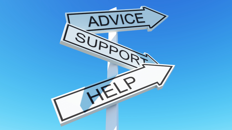 Image is of three signs on a post, which read 'Advice, Support, Help'