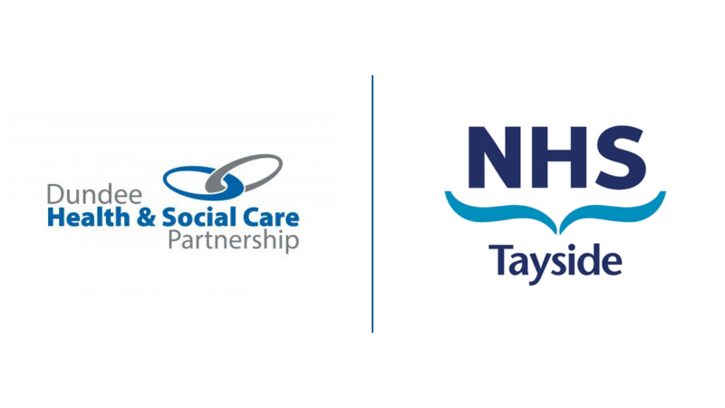 Text logos that read 'Dundee Health and Social Care Partnership, NHS Tayside'
