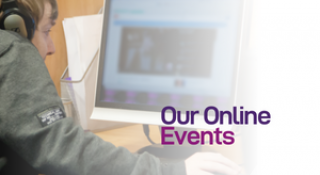 Our Online Events, Person wearing headphones, computer screen
