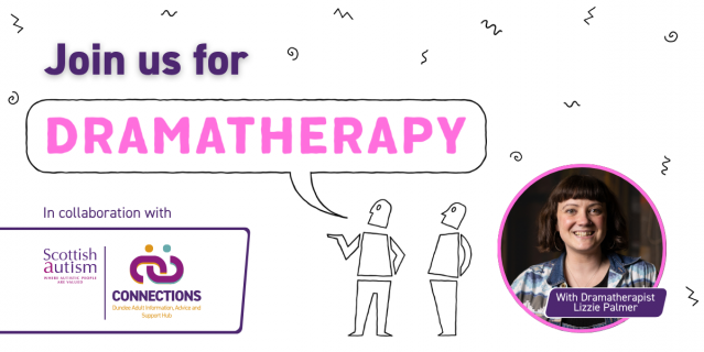 Promotional banner with the text “Join us for Dramatherapy” in bold letters. Below are simple line drawings of two people with a speech bubble containing the word “Dramatherapy” in bright pink. On the right is a circular photo of Dramatherapist Lizzie Pal