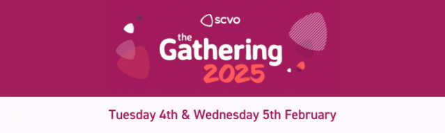 SCVO The Gathering 2025 banner with a pink background, event dates Tuesday 4th & Wednesday 5th February.