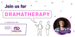 Promotional banner with the text “Join us for Dramatherapy” in bold letters. Below are simple line drawings of two people with a speech bubble containing the word “Dramatherapy” in bright pink. On the right is a circular photo of Dramatherapist Lizzie Pal