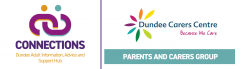 Logos for Connections Dundee Adult Information, Advice and Support Hub and Dundee Carers Centre, with text "Parents and Carers Group."