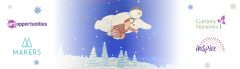 Image is of a painting of the snowman flying over a winter scene with a boy, logos for Art Opportunities, Makers, Inspire and Gartinny Nurseries are included