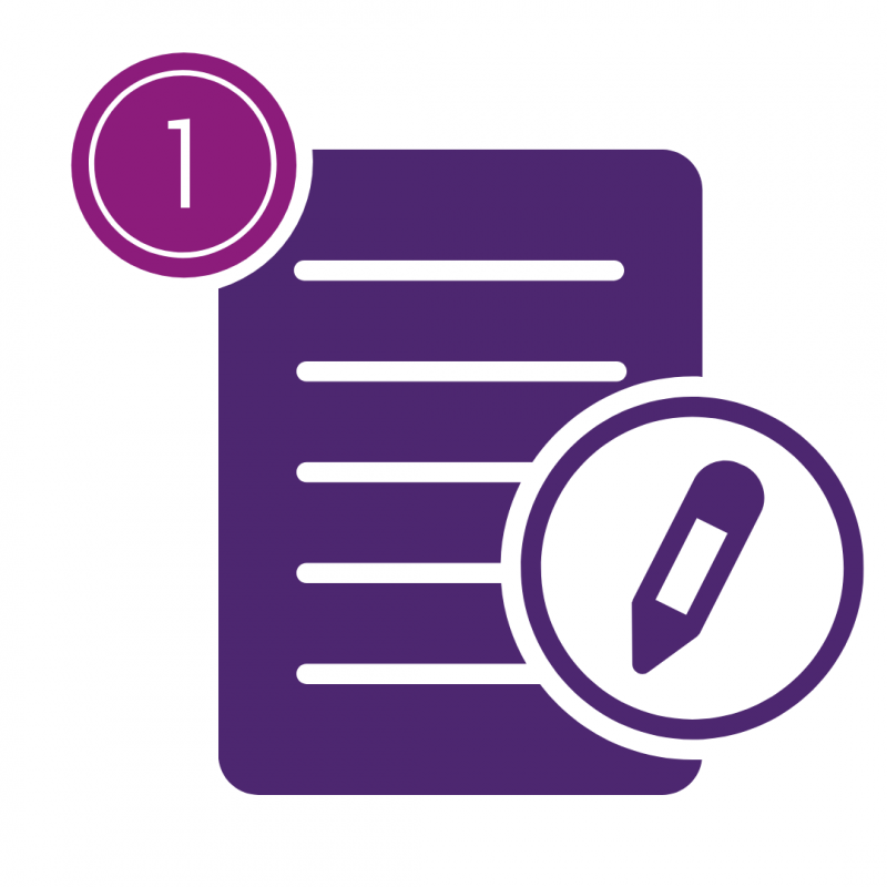 Step 1, purple graphic of registration form