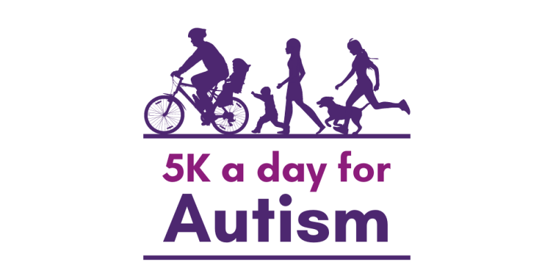 Logo with 5K a Day for Autism and silhouette of people running, walking and cycling