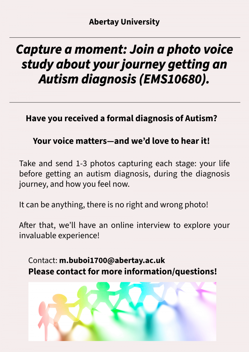 A flyer promoting Abertay University's study “Does having an autism diagnosis change how you feel. A photovoice study” The contact to email for more info is m.buboi1700@abertay.ac.uk