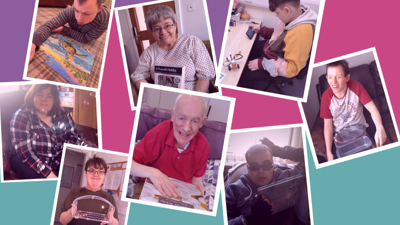 Collage of photos of people smiling, showing gifts received