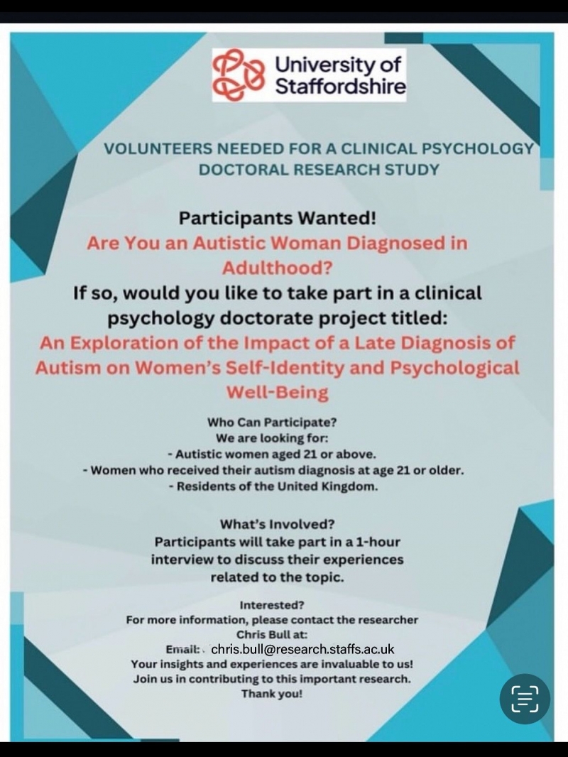 A flyer promoting the study by University of Staffordshire 'Exploring Autism Diagnosis in Women'