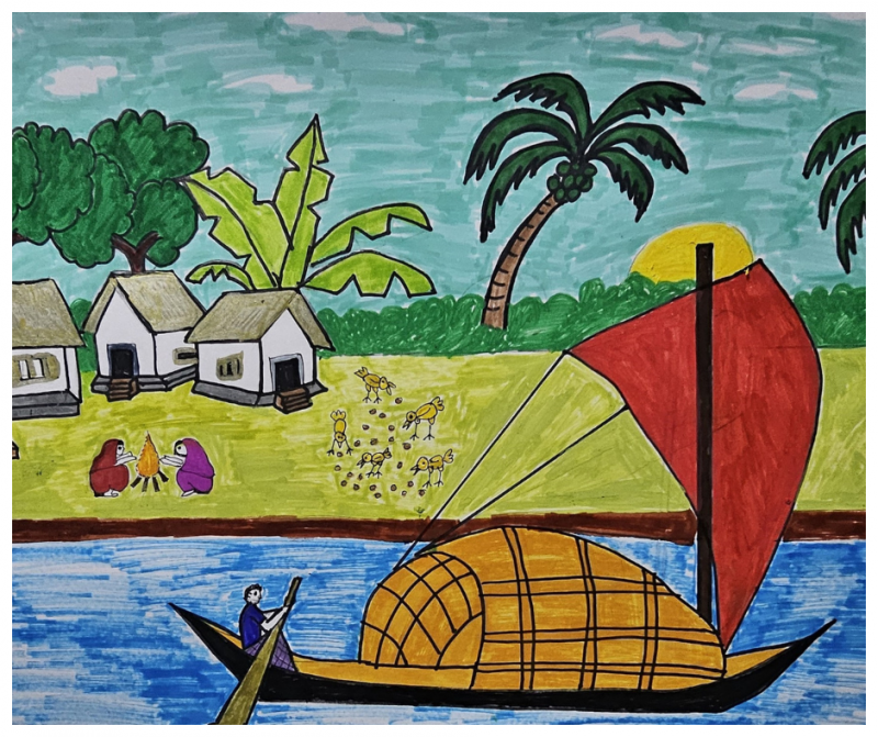 Artwork is of To me, a village with a boat on the river and little cottages in the landscape