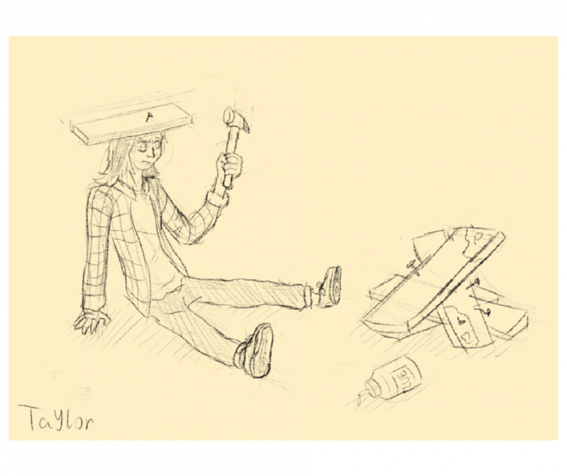 Image is a drawing of a person sitting down with a hammer in hand and a plank of wood stuck in their head. A pile of wood sits beside them.