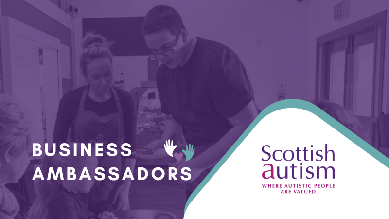 Scottish Autism logo, Business Ambassadors, two people serving in a cafe