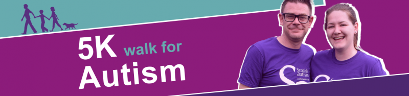 A man and woman with purple Scottish Autism supporter tshirts smile with text reading 5K Walk for Autism