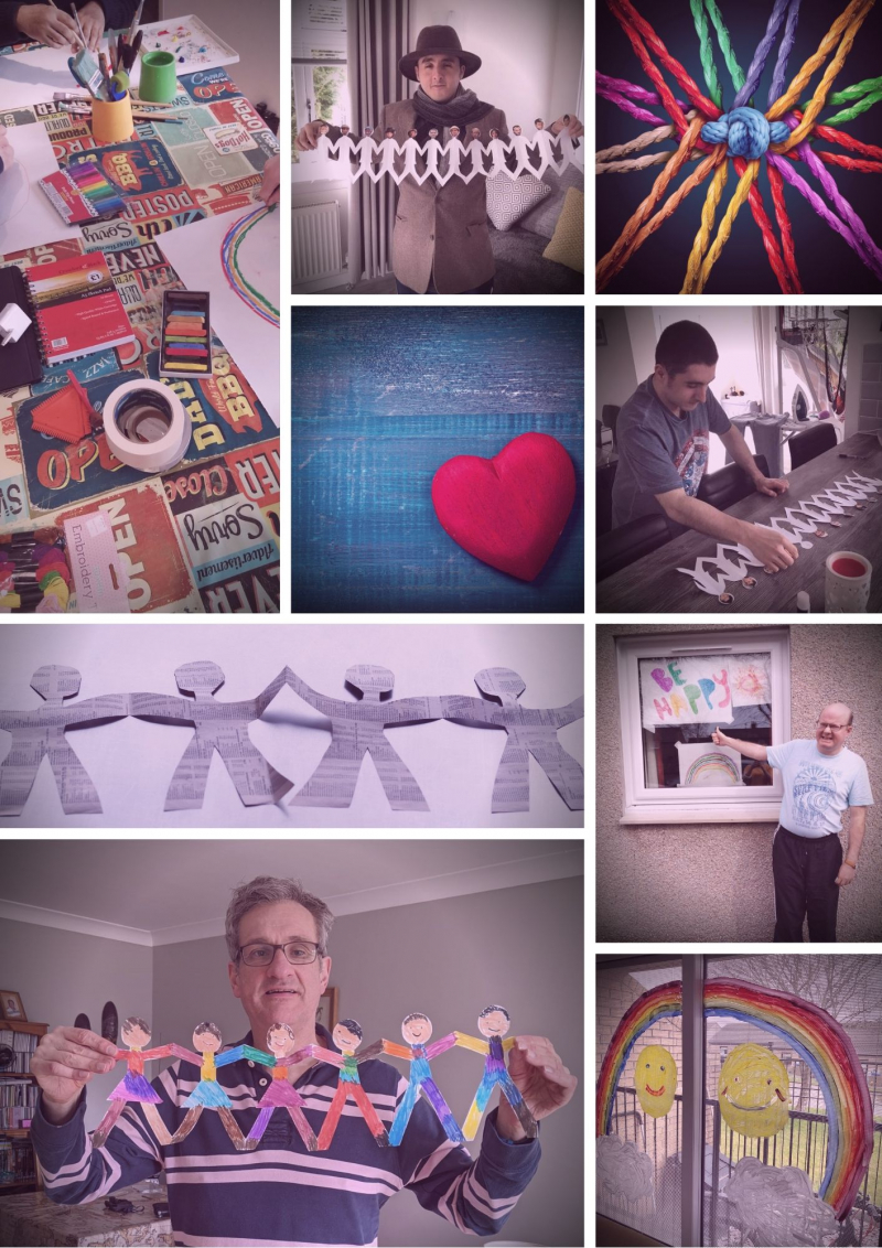 Collage of images with people making rainbow displays and people paper chain as craft activities
