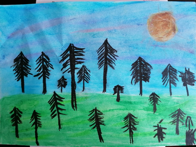 Painting of trees against a blue sky