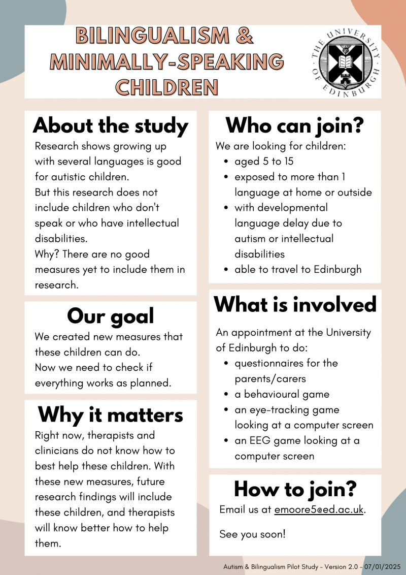 Image is a flyer for a study on 'Bilingualism & Minimally-Speaking Children'
