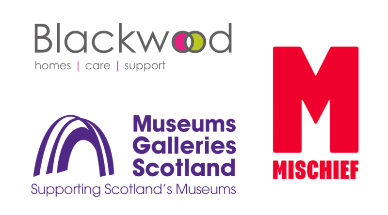 Logos for Blackwood, Museum Galleries Scotland and Mischief Comedy