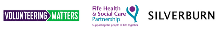 Volunteering Matters logo, Fife Health and Social Care Partnership logo, Silverburn Shopping Centre logo