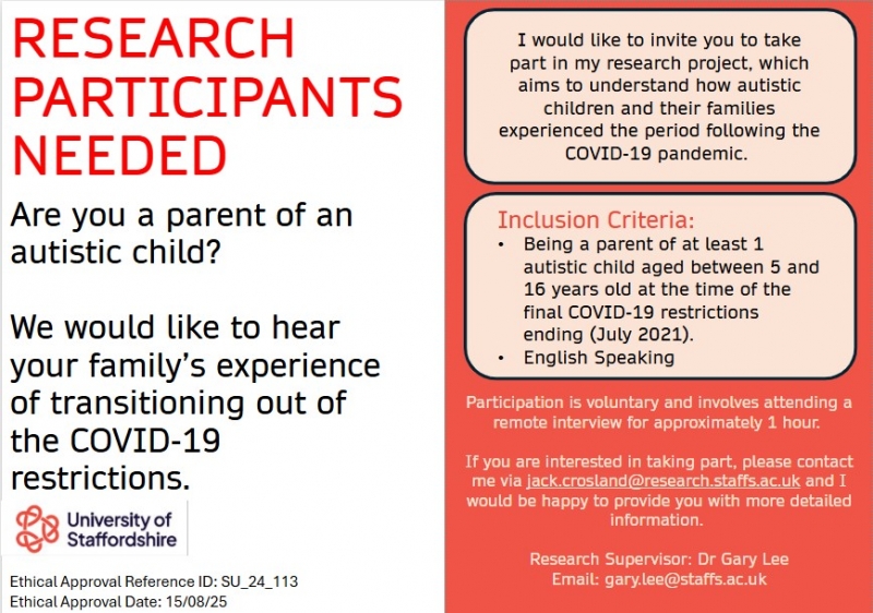 Image is a flyer for more information on a study to explore parents of autistic children’s experiences supporting their child to transition out of the COVID-19 lockdowns. Contact details are email jack.crosland@research.staffs.ac.uk for more info
