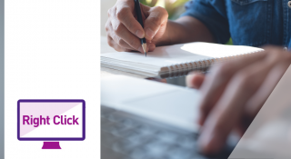 Image of person working on laptop, graphic of computer with the text 'Right Click'