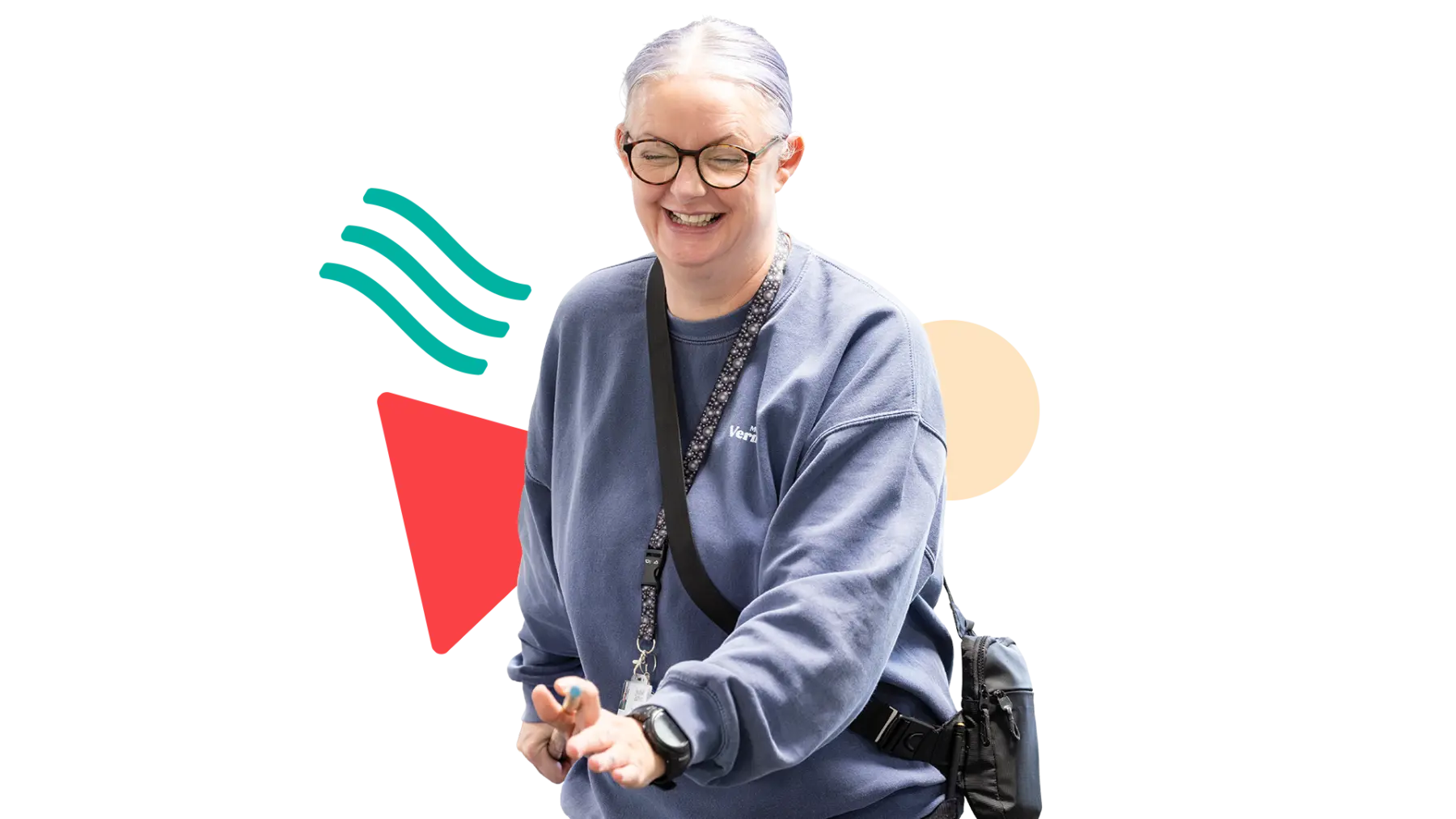 Image is of a person laughing and holding a pool cue