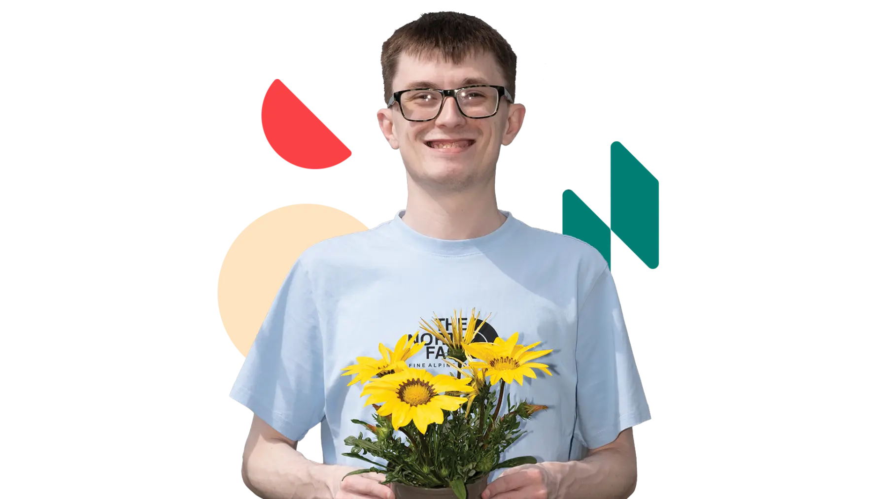 Image is of a young man smiling at the camera and holding a plant with yellow flowers and colourful shapes around him