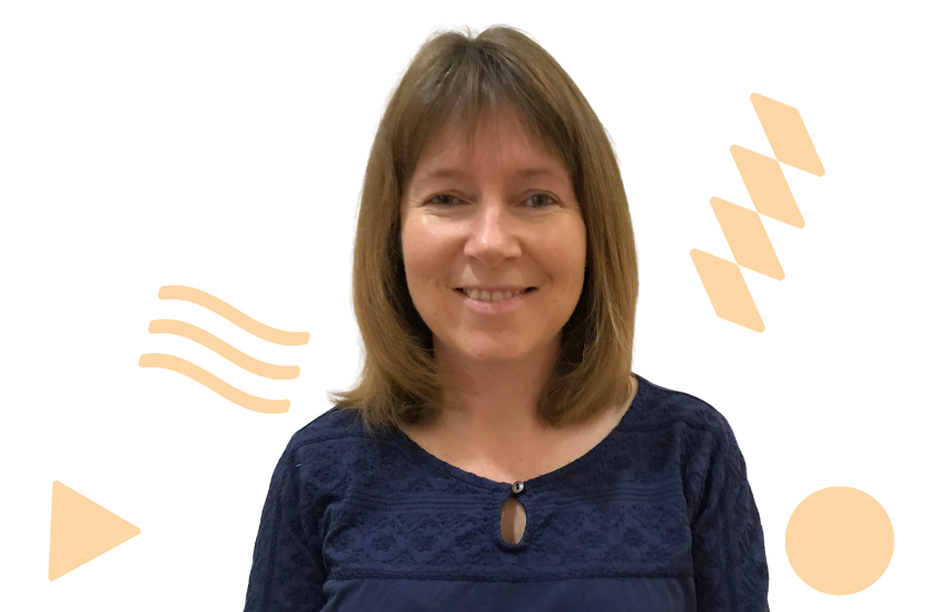 A Scottish Autism community advisor smiles for the camera, there are butterscotch coloured shapes behind her