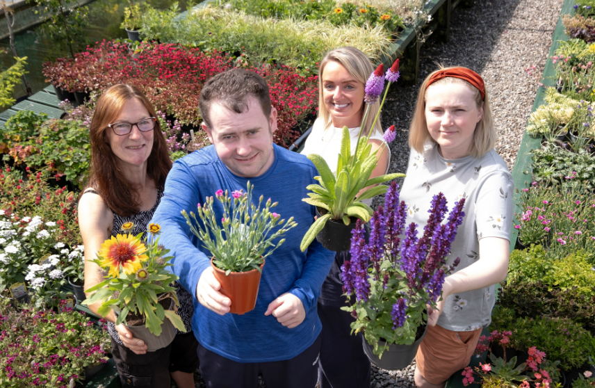 Four people holding different potted plants, raised slightly looking and smiling forwards