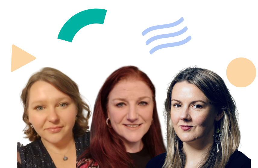 Images of three of the Dundee Connections team, smiling for the camera, with brand shapes